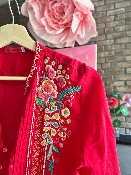 Johnny Was Tops - Johnny Was Red Embroidered Button Neck Tunic Blouse
